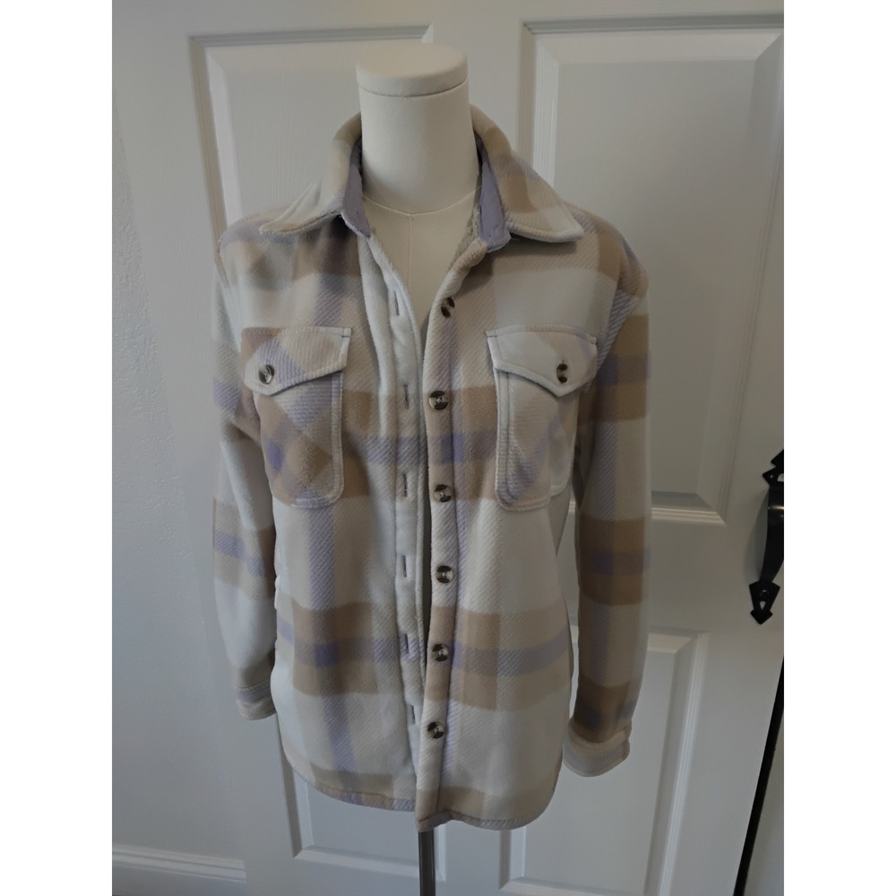 Sage Collective Plaid Fleece Shacket Sherpa Lined Cream Tan Lavender XS 1884472